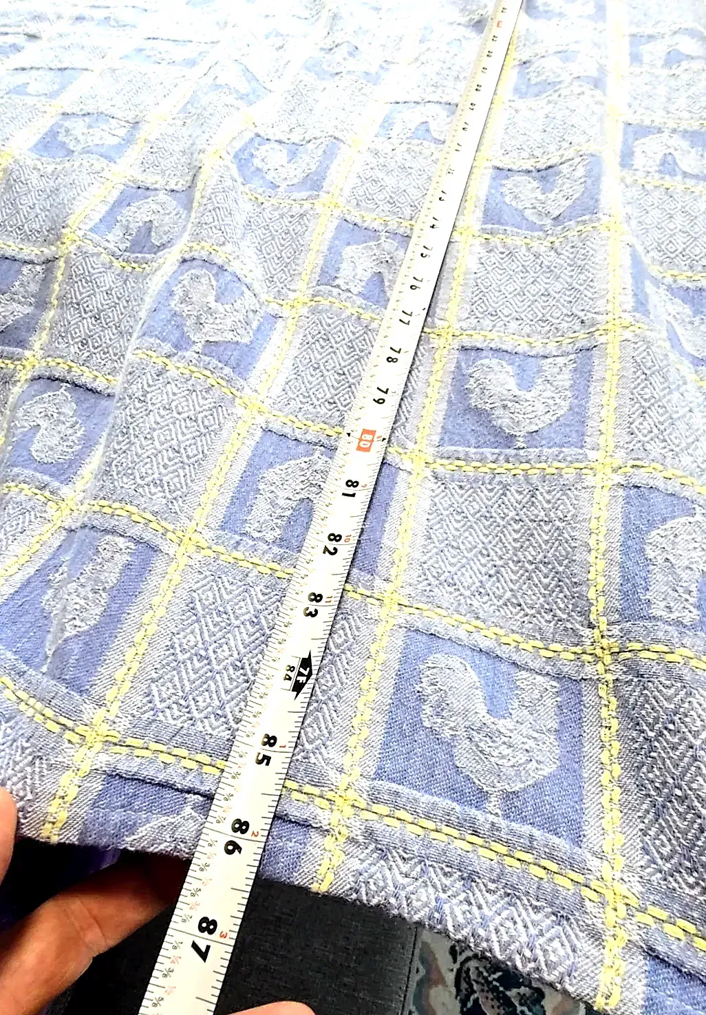 Vintage BARDWIL LINENS Blue French Country Rooster Jacquard Tablecloth Cotton — detail