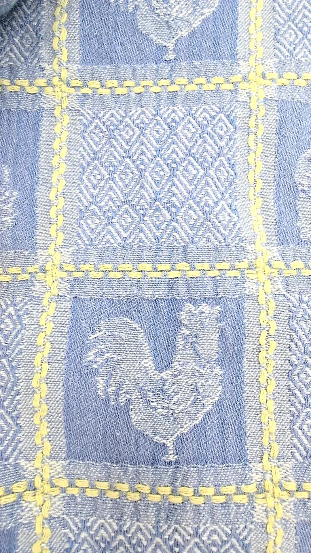 Vintage BARDWIL LINENS Blue French Country Rooster Jacquard Tablecloth Cotton — underside