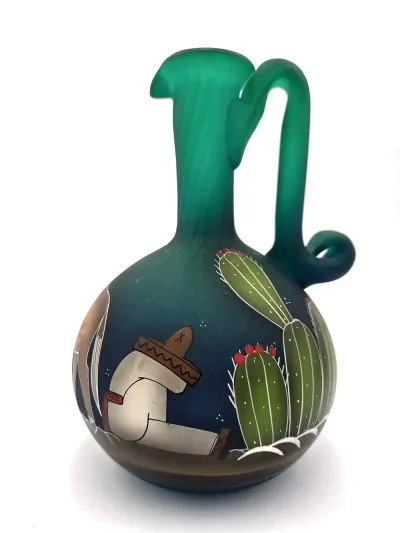Vintage Mexican Pottery Hand Painted Burro Cactus Folk Art