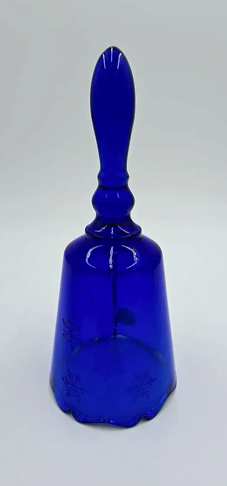 Vintage Fenton Cobalt Blue Glass Snowflake Bell  Ruffled Bottom Signed Sticker — side view