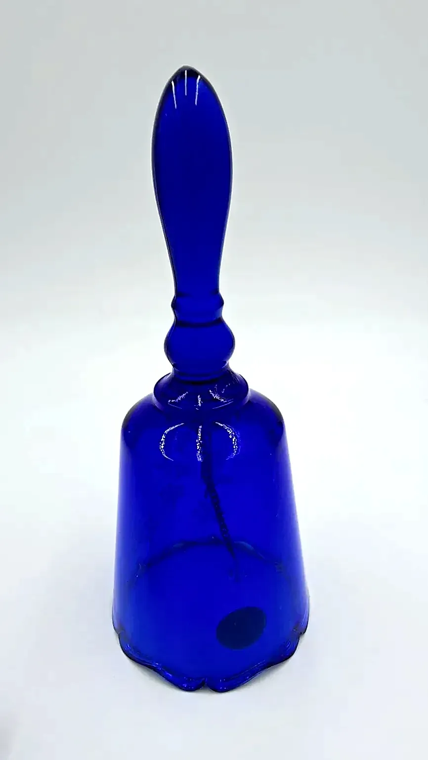 Vintage Fenton Cobalt Blue Glass Snowflake Bell  Ruffled Bottom Signed Sticker — underside