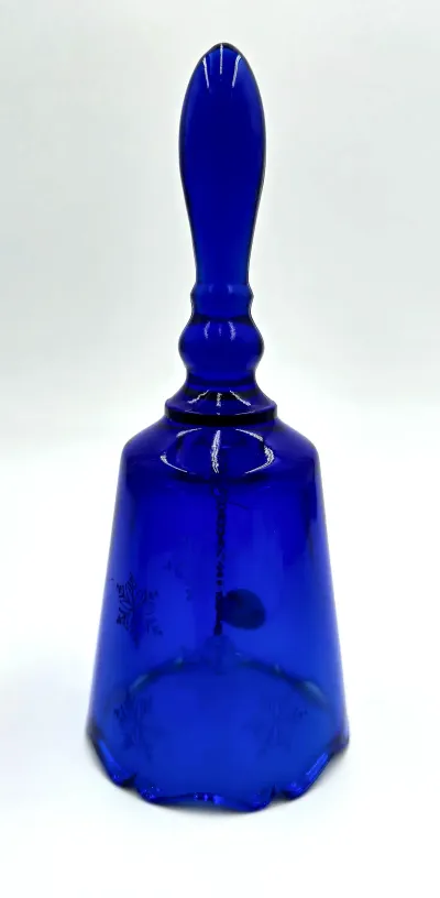 Vintage Fenton Cobalt Blue Glass Snowflake Bell  Ruffled Bottom Signed Sticker
