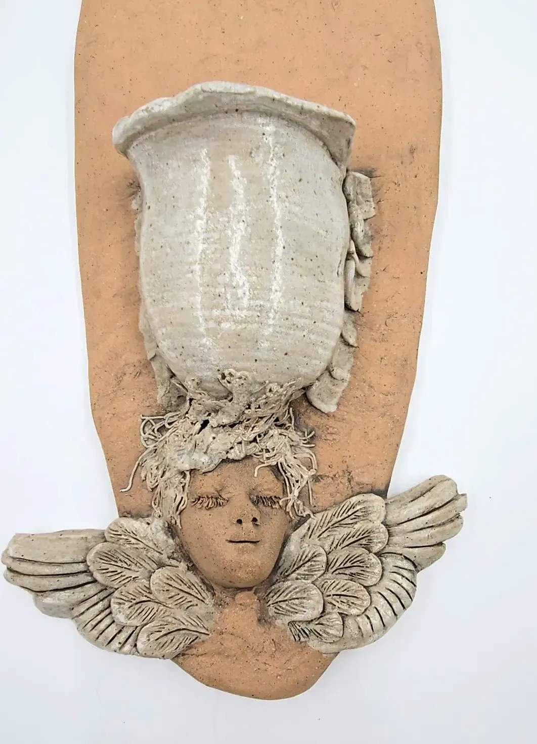 Handmade Studio Pottery Angel Wall Pocket Folk Art Quote Planter Vase — side view