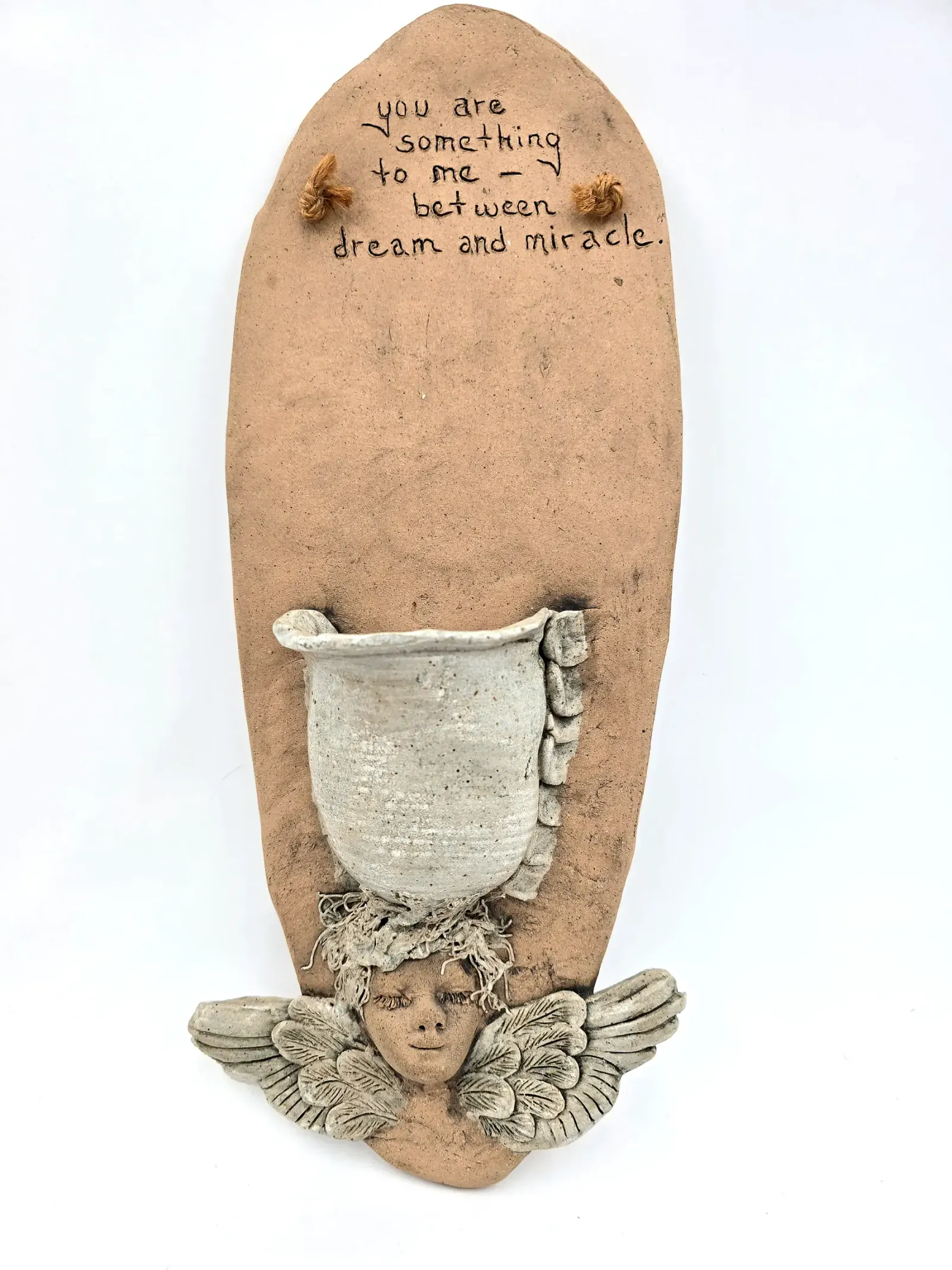 Handmade Studio Pottery Angel Wall Pocket Folk Art Quote Planter Vase