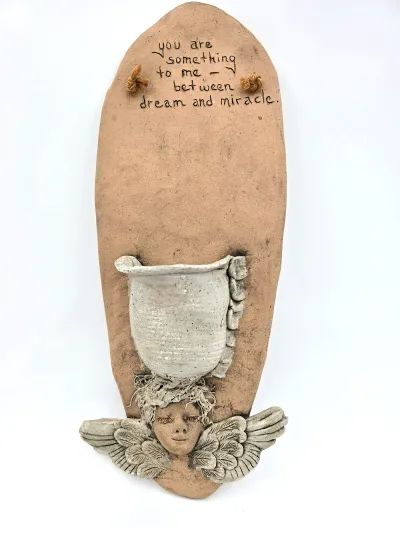 Handmade Studio Pottery Angel Wall Pocket Folk Art Quote Planter Vase