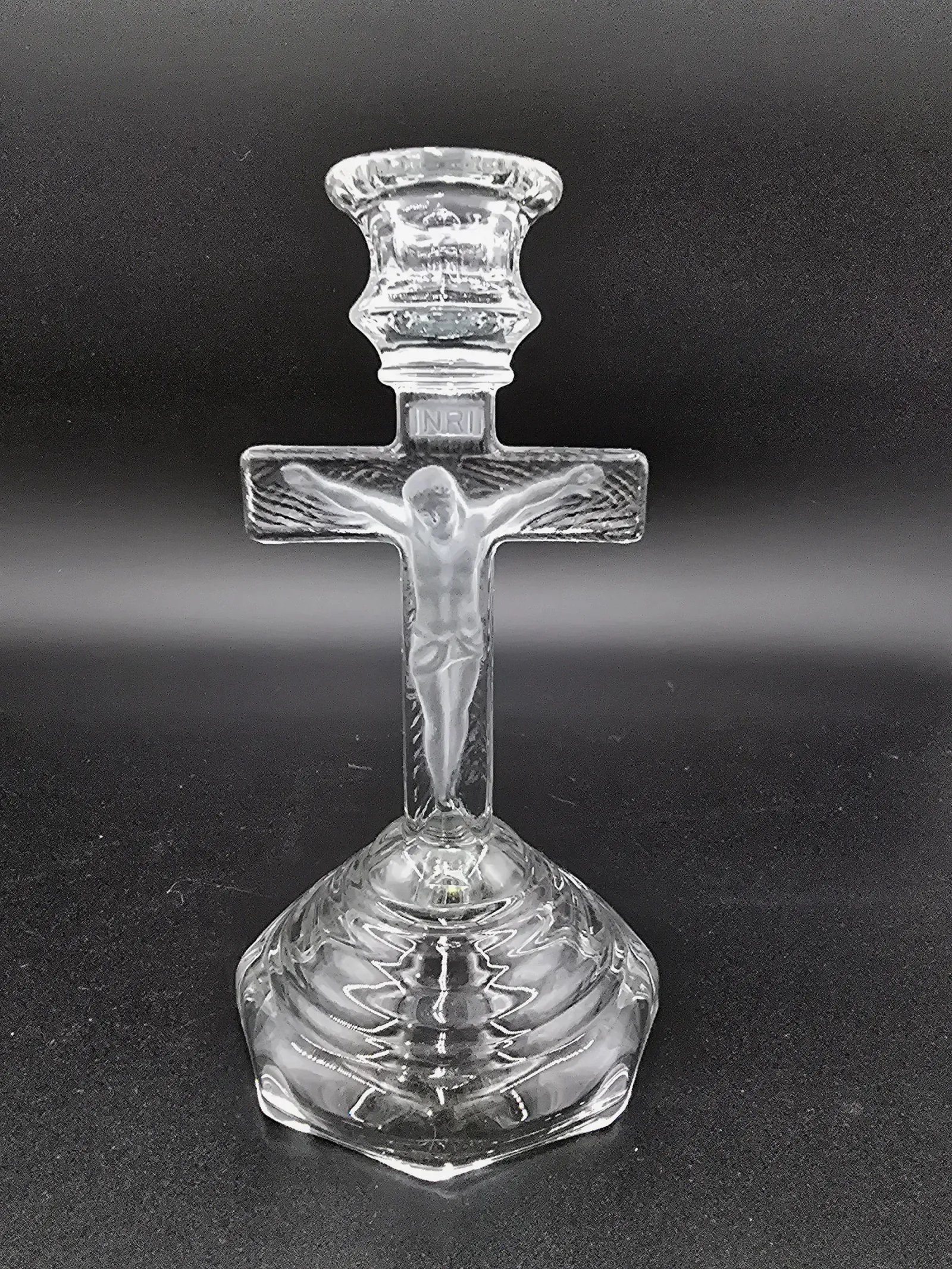 Vintage Clear & Frosted Glass Crucifix Taper Candle Holder