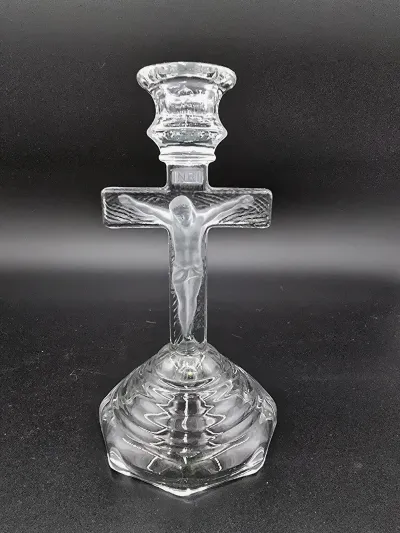 Vintage Clear & Frosted Glass Crucifix Taper Candle Holder