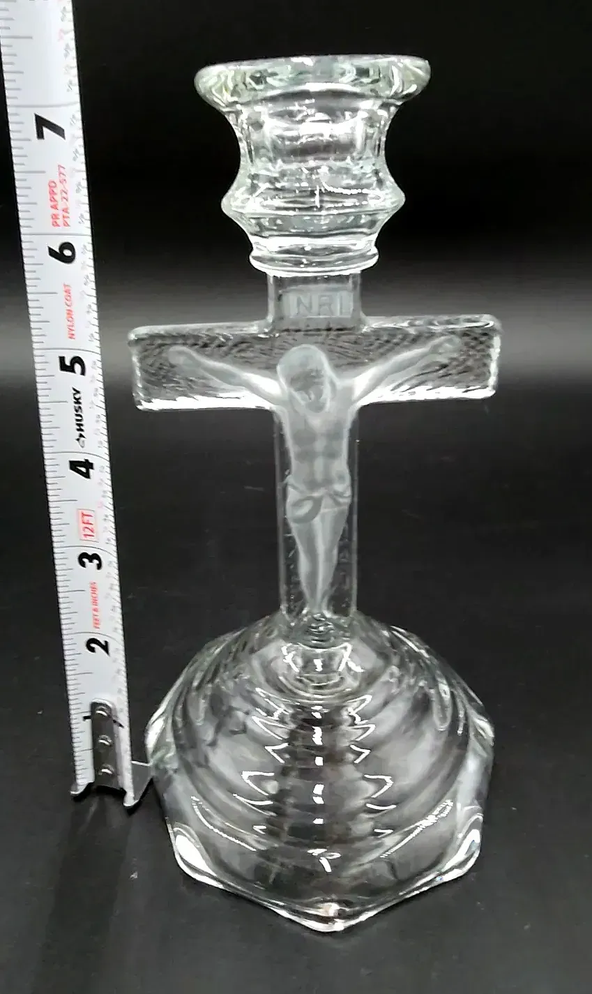 Vintage Clear & Frosted Glass Crucifix Taper Candle Holder