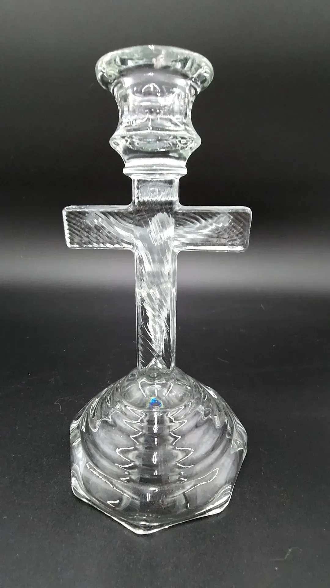 Vintage Clear & Frosted Glass Crucifix Taper Candle Holder