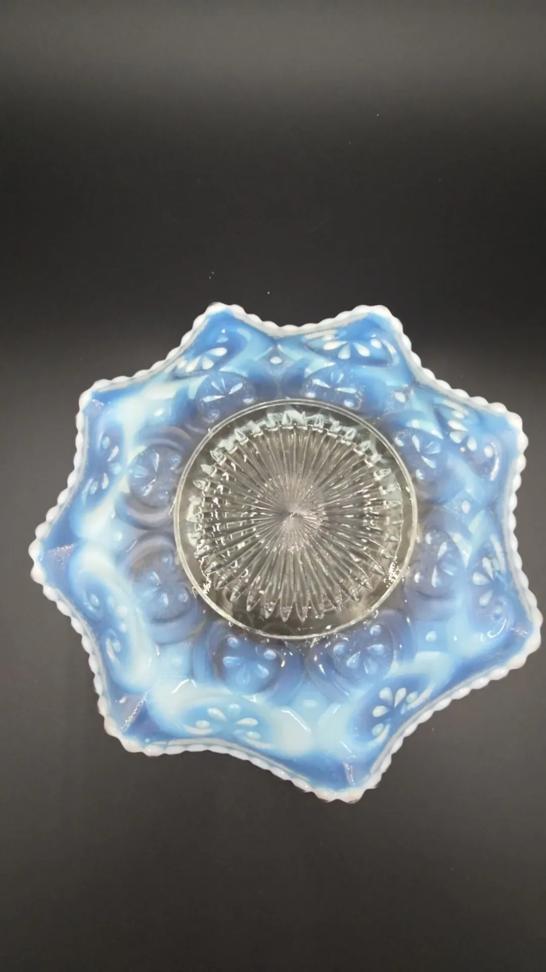 Antique Northwood Cashews Blue Opalescent Glass Ruffled Bowl UV Reactive