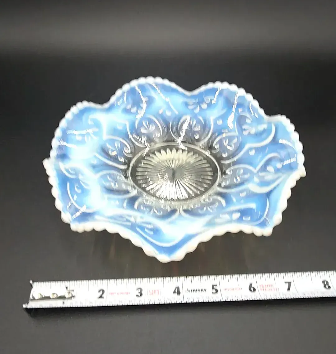 Antique Northwood Cashews Blue Opalescent Glass Ruffled Bowl UV Reactive