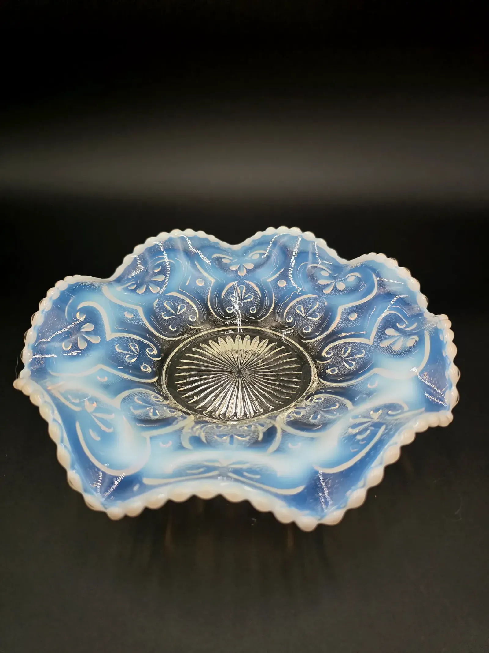 Antique Northwood Cashews Blue Opalescent Glass Ruffled Bowl UV Reactive