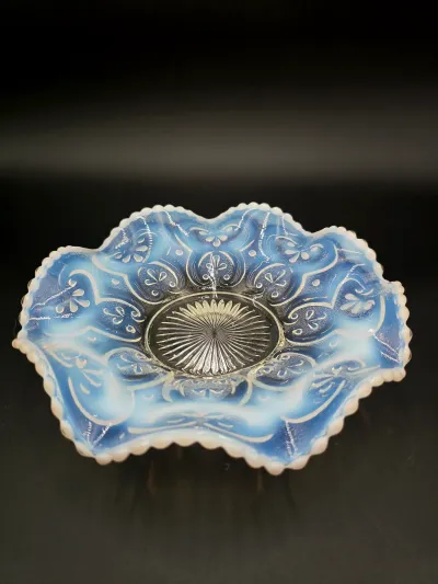 Antique Northwood Cashews Blue Opalescent Glass Ruffled Bowl UV Reactive