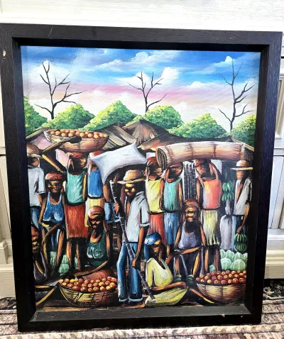 Original Haitian Market Scene Painting Canvas Signed Custom Framed Large