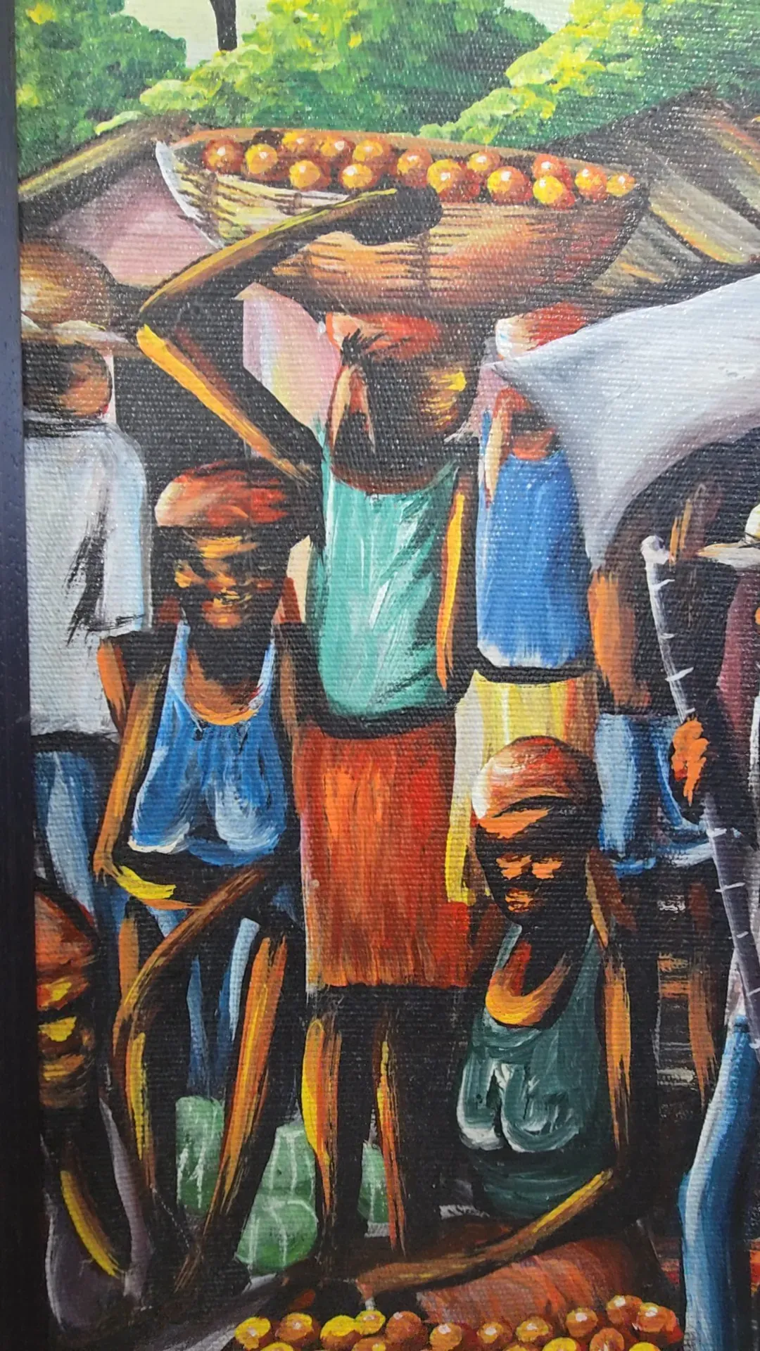 Original Haitian Market Scene Painting Canvas Signed Custom Framed Large — underside