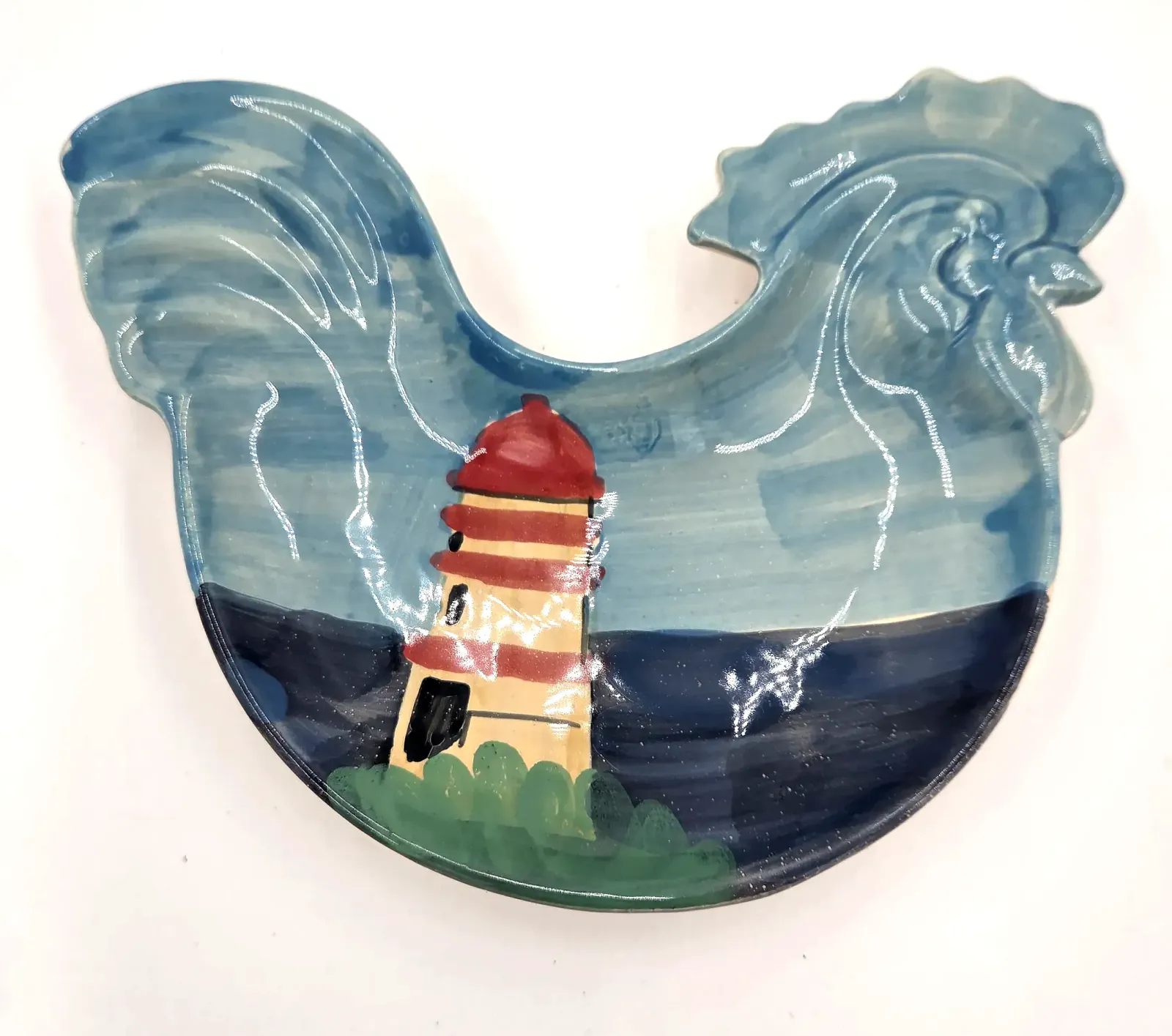 Vtg SARA Pottery Italian Rooster Plate Hand Painted Lighthouse Coastal Italy
