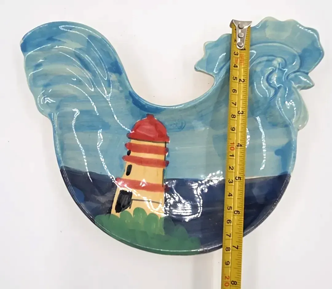 Vtg SARA Pottery Italian Rooster Plate Hand Painted Lighthouse Coastal Italy — detail