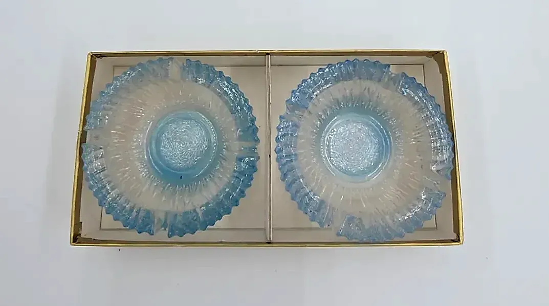 Vintage Innsbruck Color Twins Glass Ashtray  Mid Century Ice Blue Textured — side view