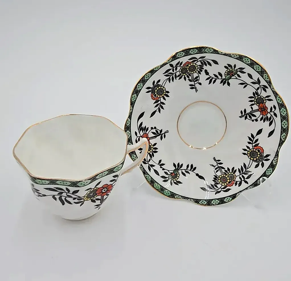 Vintage Rosina Bone China England Tea Cup & Saucer Black Floral Gold Trim