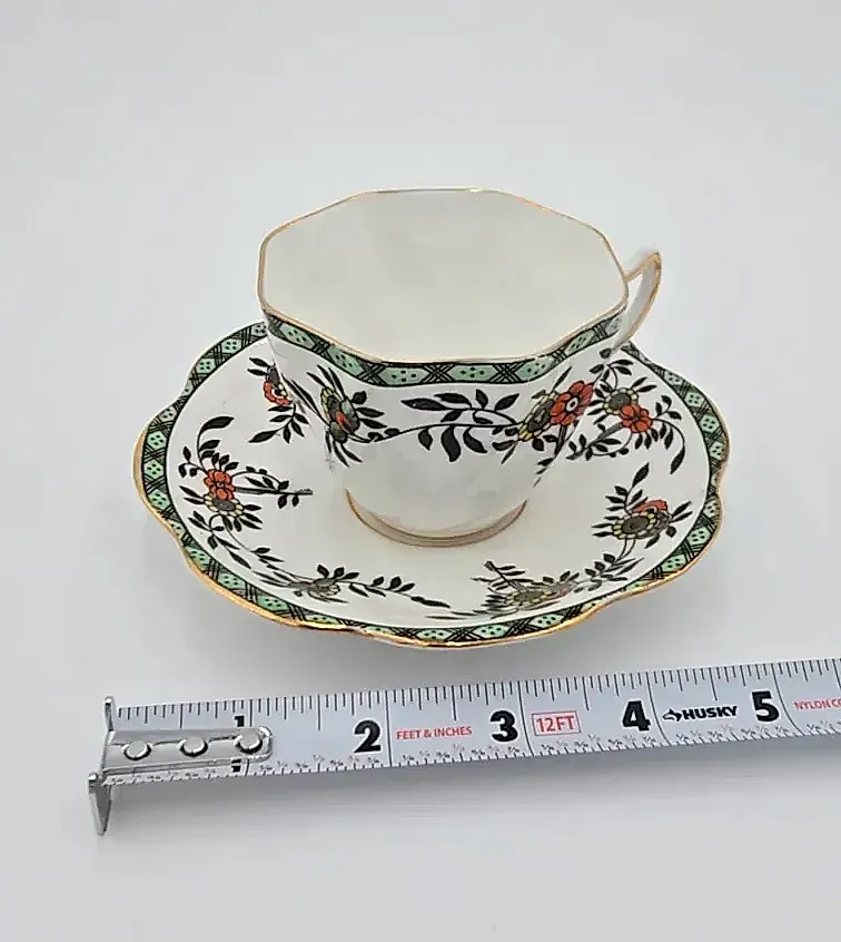 Vintage Rosina Bone China England Tea Cup & Saucer Black Floral Gold Trim