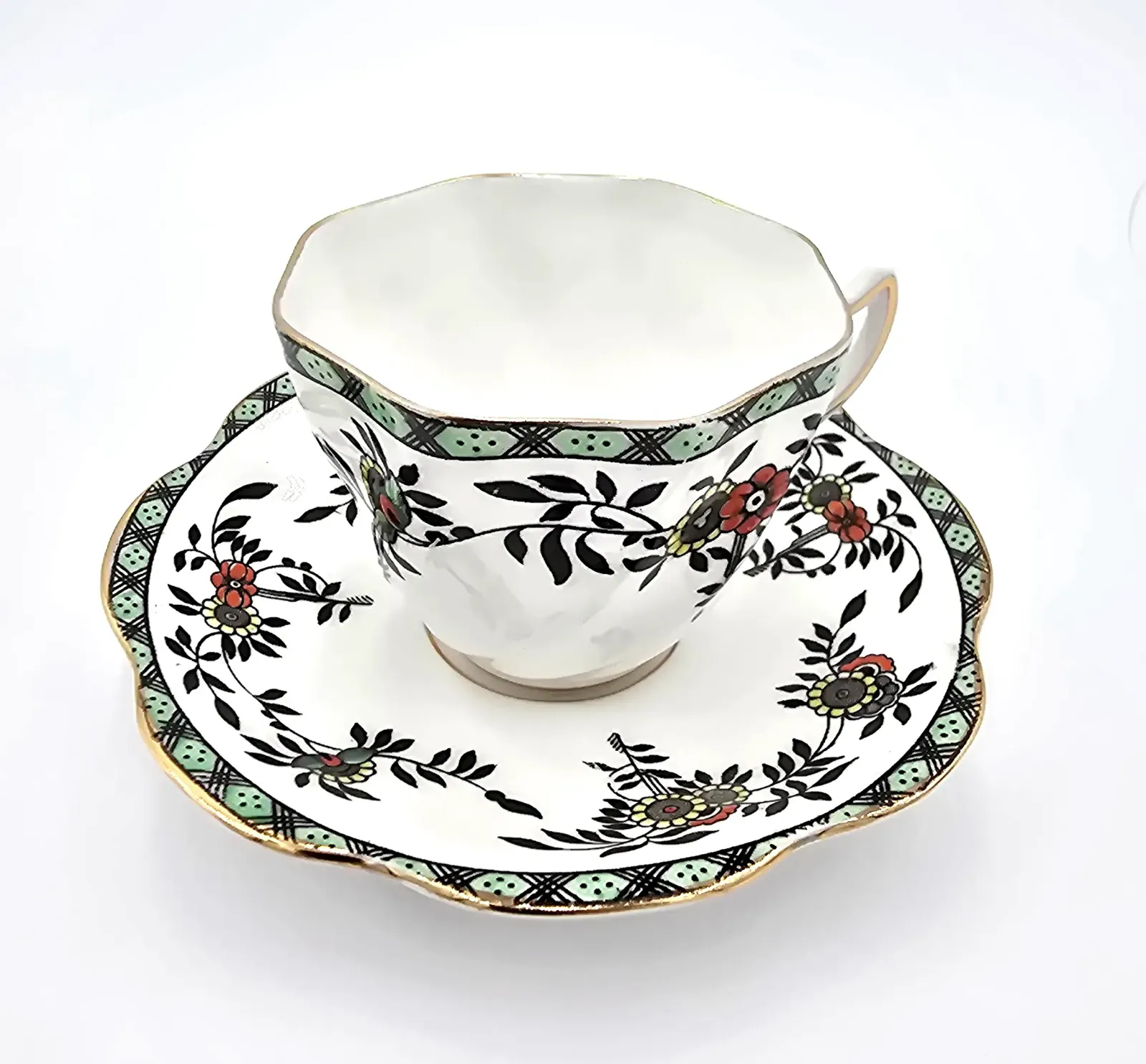 Vintage Rosina Bone China England Tea Cup & Saucer Black Floral Gold Trim