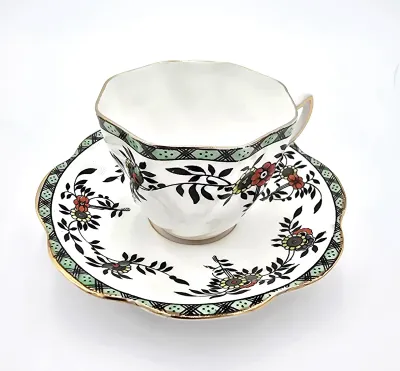 Vintage Rosina Bone China England Tea Cup & Saucer Black Floral Gold Trim