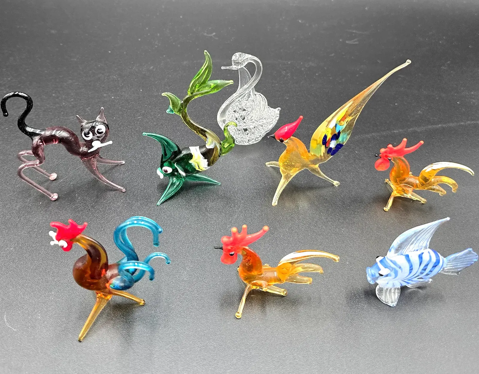 Vintage Hand Blown Art Glass Miniature Animal Figurines Bird Fish Swan Cat Rooster Lot 8