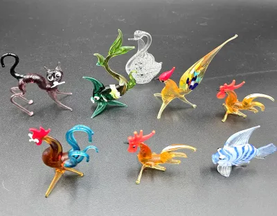 Vintage Hand Blown Art Glass Miniature Animal Figurines Bird Fish Swan Cat Rooster Lot 8