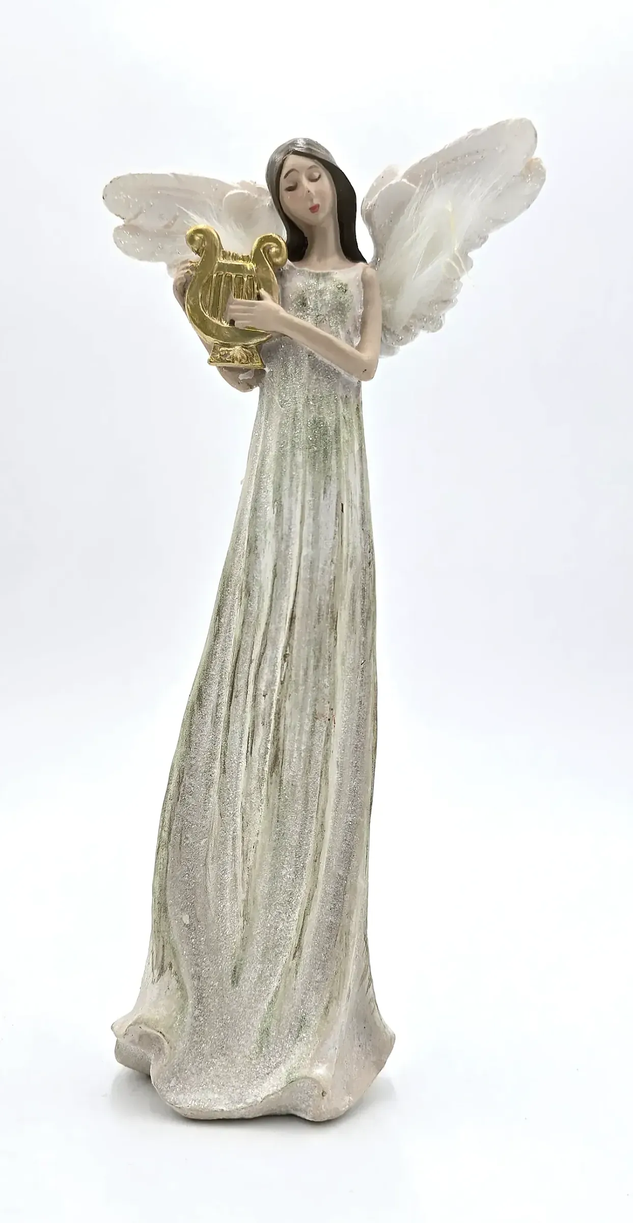 Angel Figurine Holding Gold Lyre Harp White Glitter Wings Resin Christmas Decor