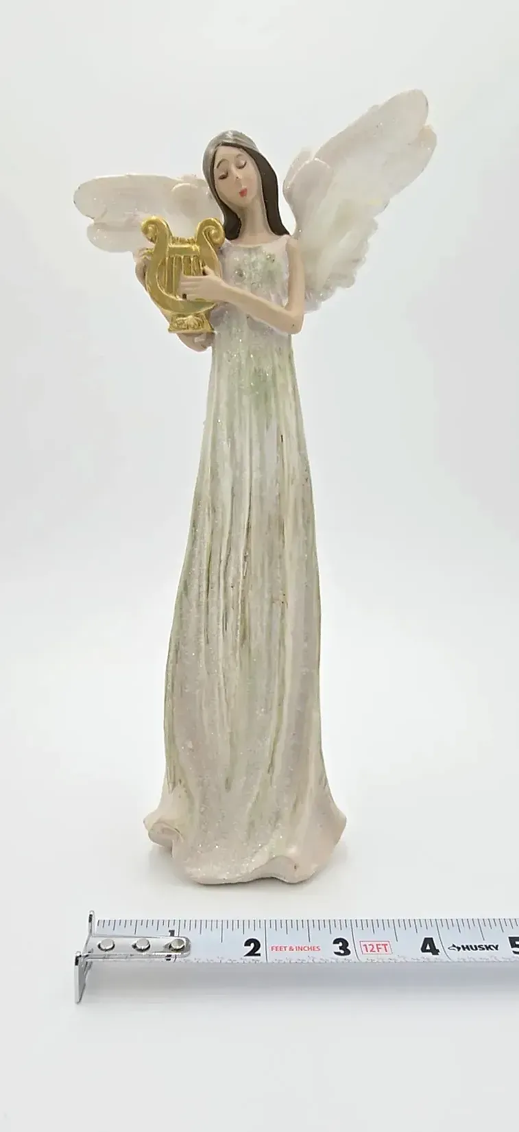 Angel Figurine Holding Gold Lyre Harp White Glitter Wings Resin Christmas Decor