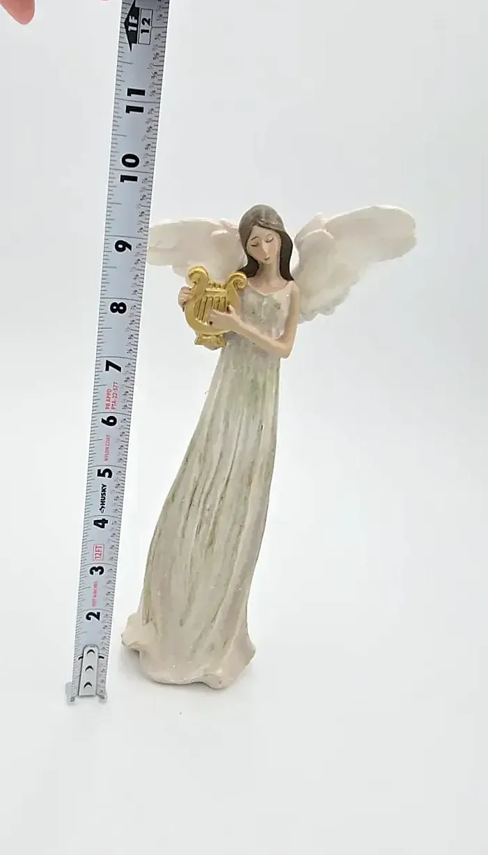 Angel Figurine Holding Gold Lyre Harp White Glitter Wings Resin Christmas Decor