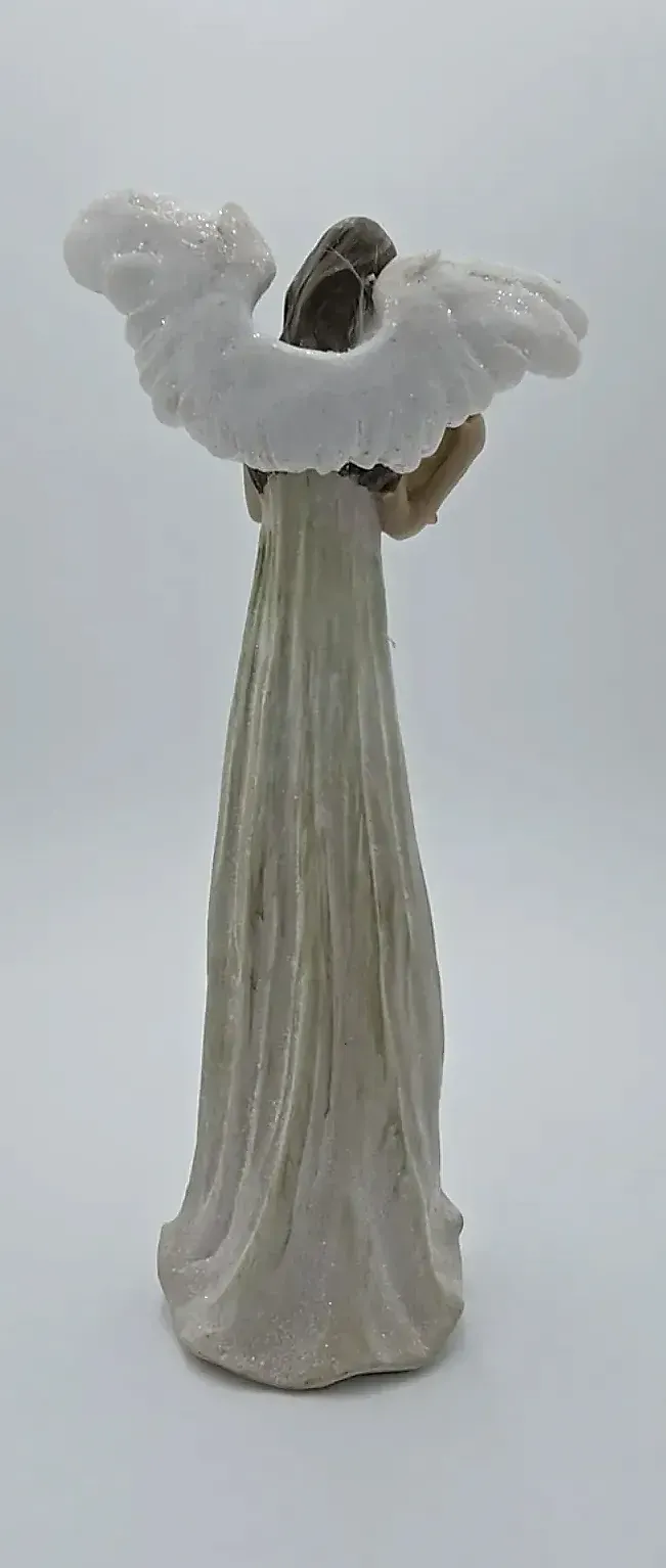 Angel Figurine Holding Gold Lyre Harp White Glitter Wings Resin Christmas Decor