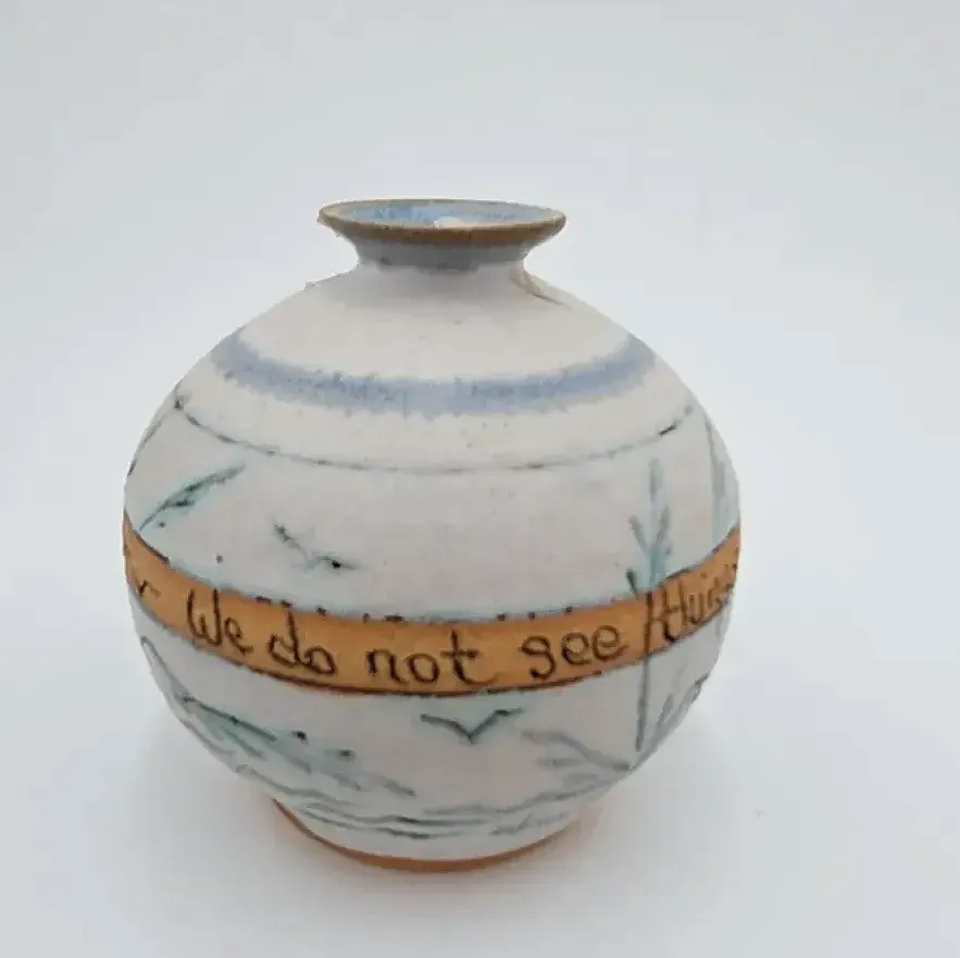 Signed Studio Pottery Bud Vase "We Do Not See Things As They Are"  Handcrafted