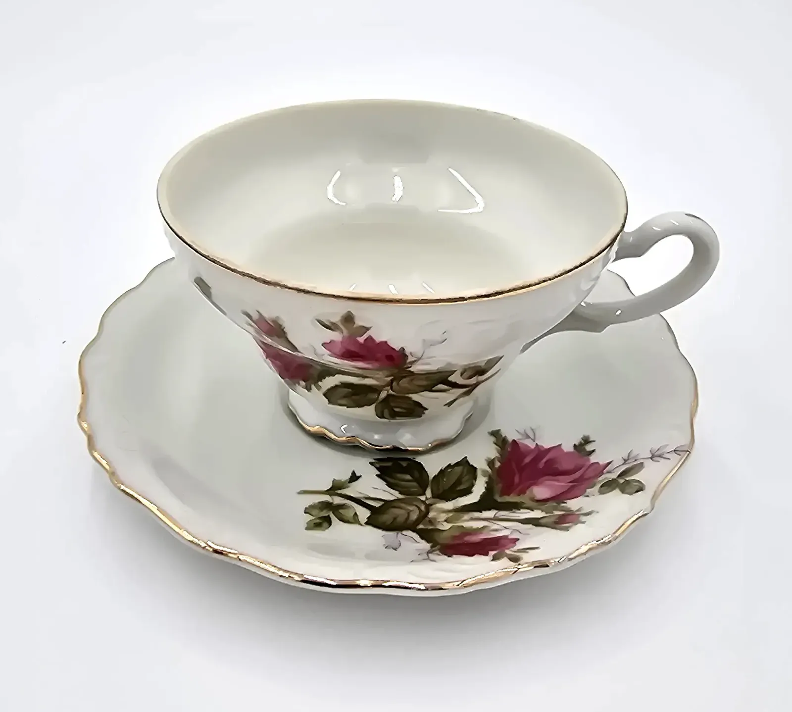 Vintage Unmarked Bone China Tea Cup & Saucer – Pink Rose Floral – Gold Trim