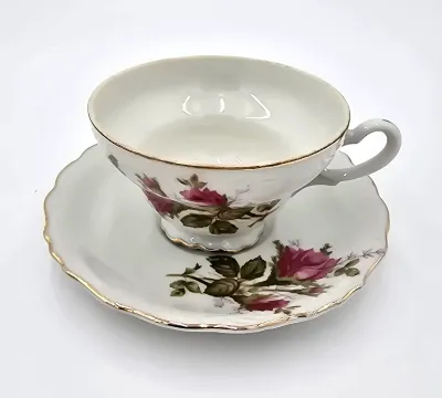 Vintage Unmarked Bone China Tea Cup & Saucer – Pink Rose Floral – Gold Trim