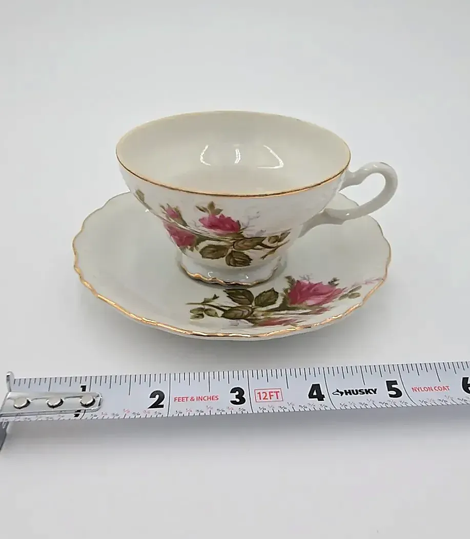 Vintage Unmarked Bone China Tea Cup & Saucer – Pink Rose Floral – Gold Trim