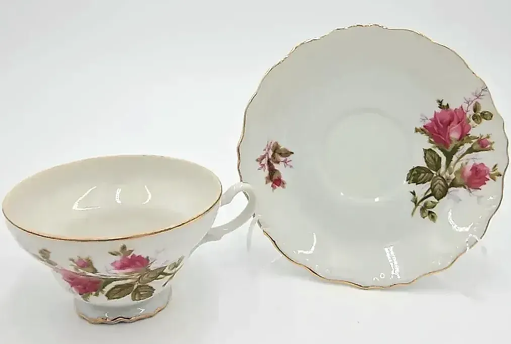 Vintage Unmarked Bone China Tea Cup & Saucer – Pink Rose Floral – Gold Trim