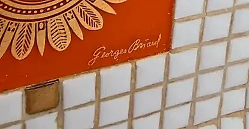 Vintage Georges Briard Mosaic Tray Square White Gold Tile Orange Medallion — maker's mark