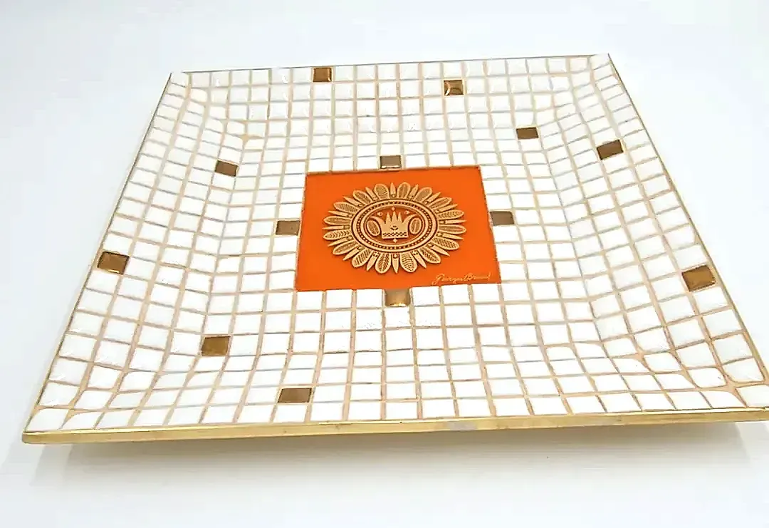 Vintage Georges Briard Mosaic Tray Square White Gold Tile Orange Medallion — detail