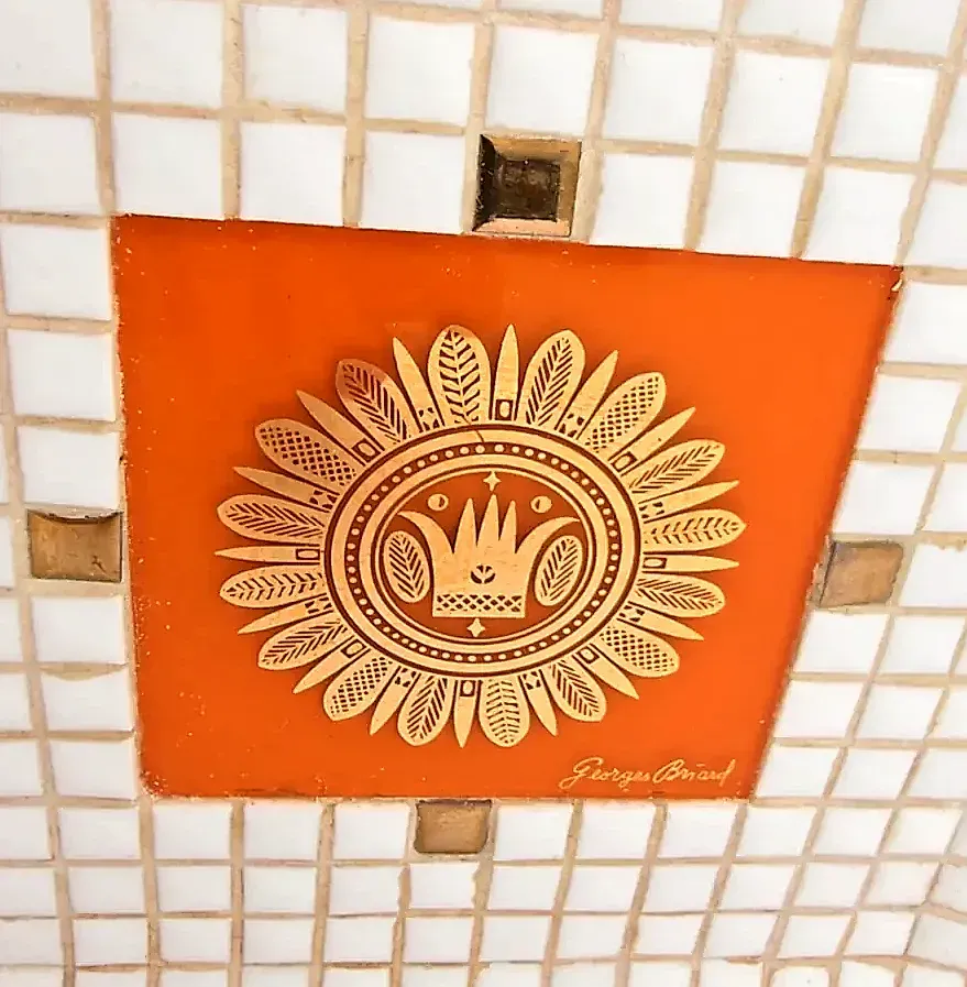 Vintage Georges Briard Mosaic Tray Square White Gold Tile Orange Medallion — underside