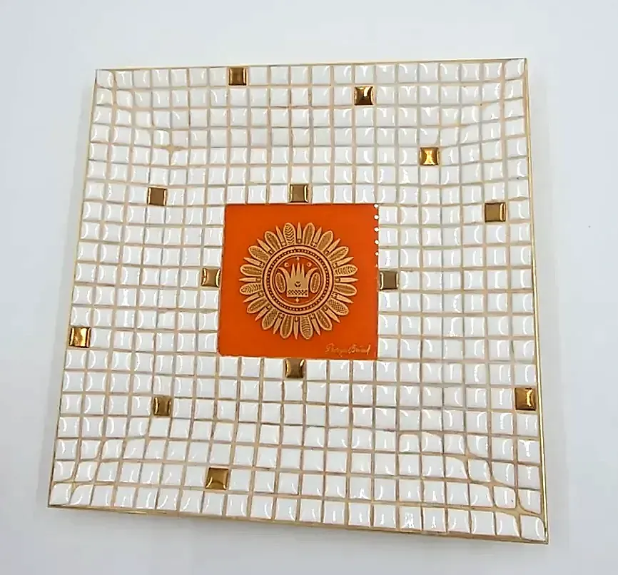 Vintage Georges Briard Mosaic Tray Square White Gold Tile Orange Medallion