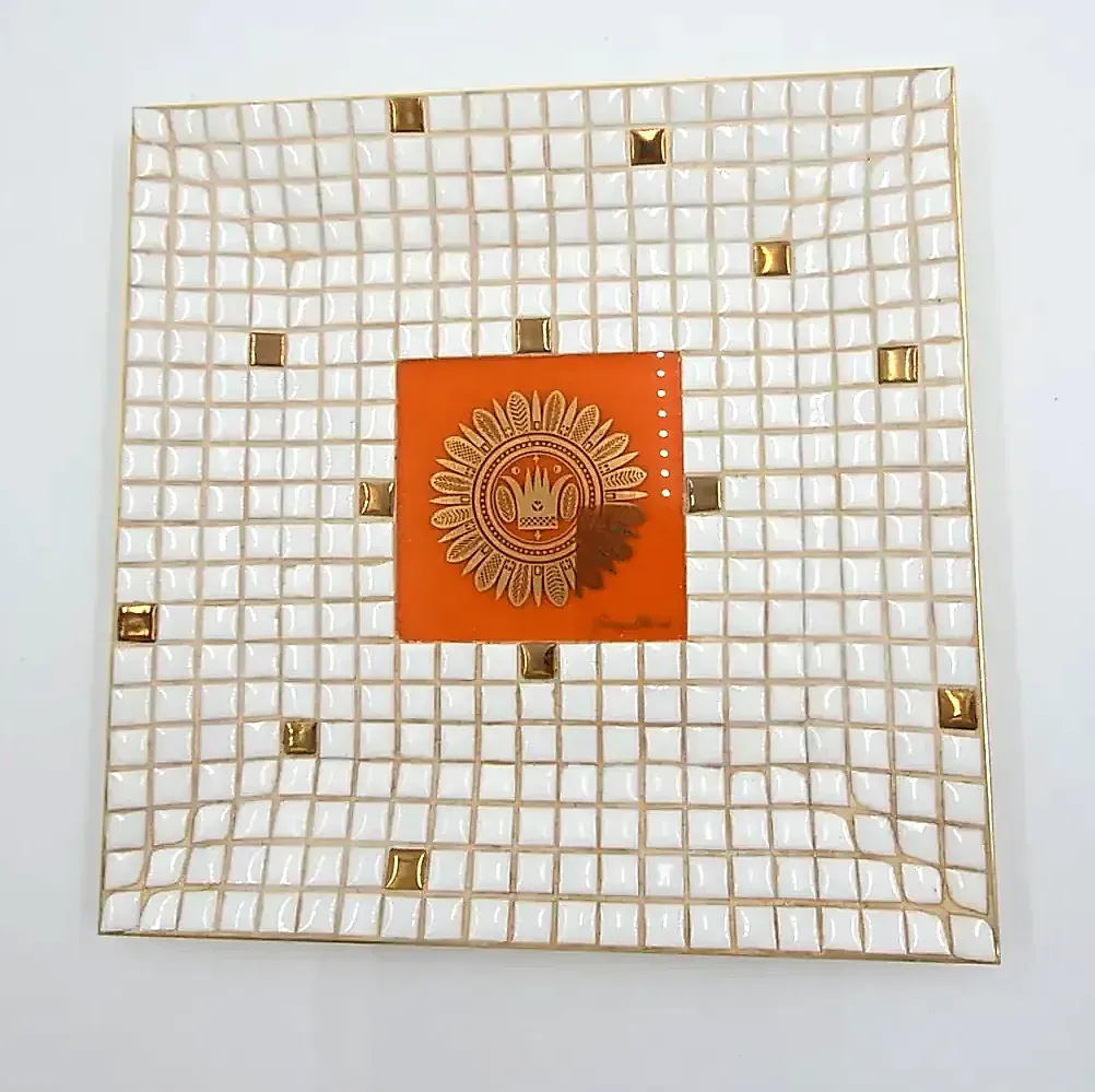 Vintage Georges Briard Mosaic Tray Square White Gold Tile Orange Medallion — side view