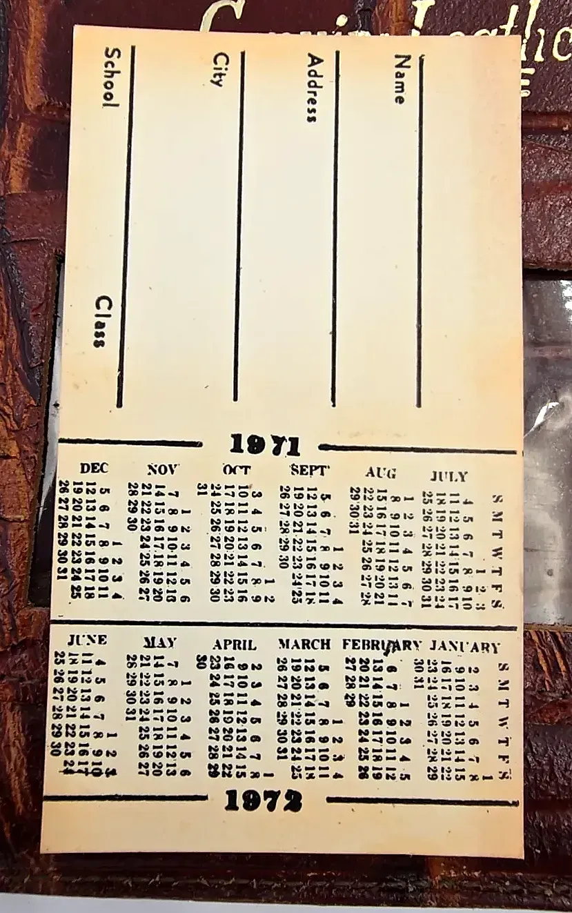 Vintage 1971 1972 Leather Pencil Case Zipper Pouch School Calendar — side view