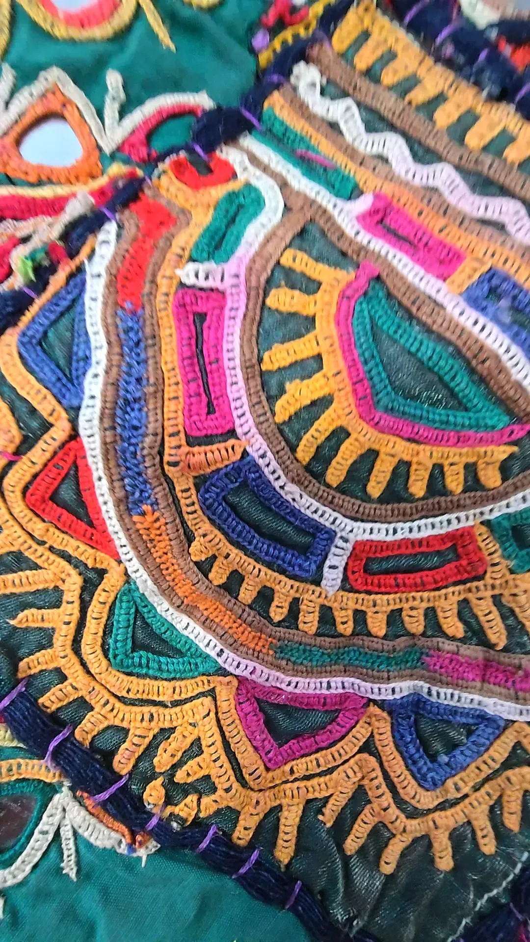 Vintage Indian Embroidered Patchwork Wall Hanging Shisha Mirror Work Textile — detail