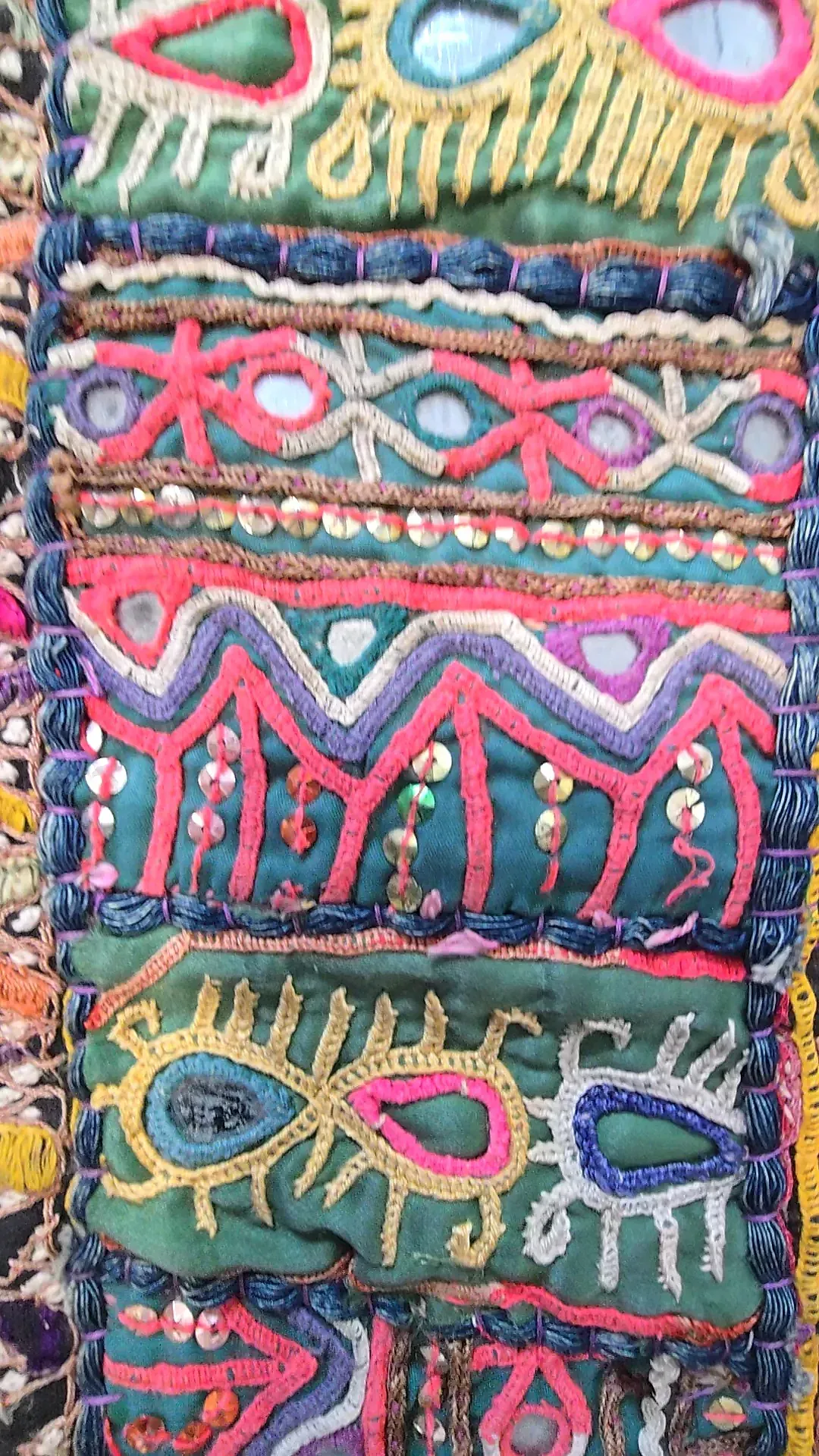 Vintage Indian Embroidered Patchwork Wall Hanging Shisha Mirror Work Textile — maker's mark