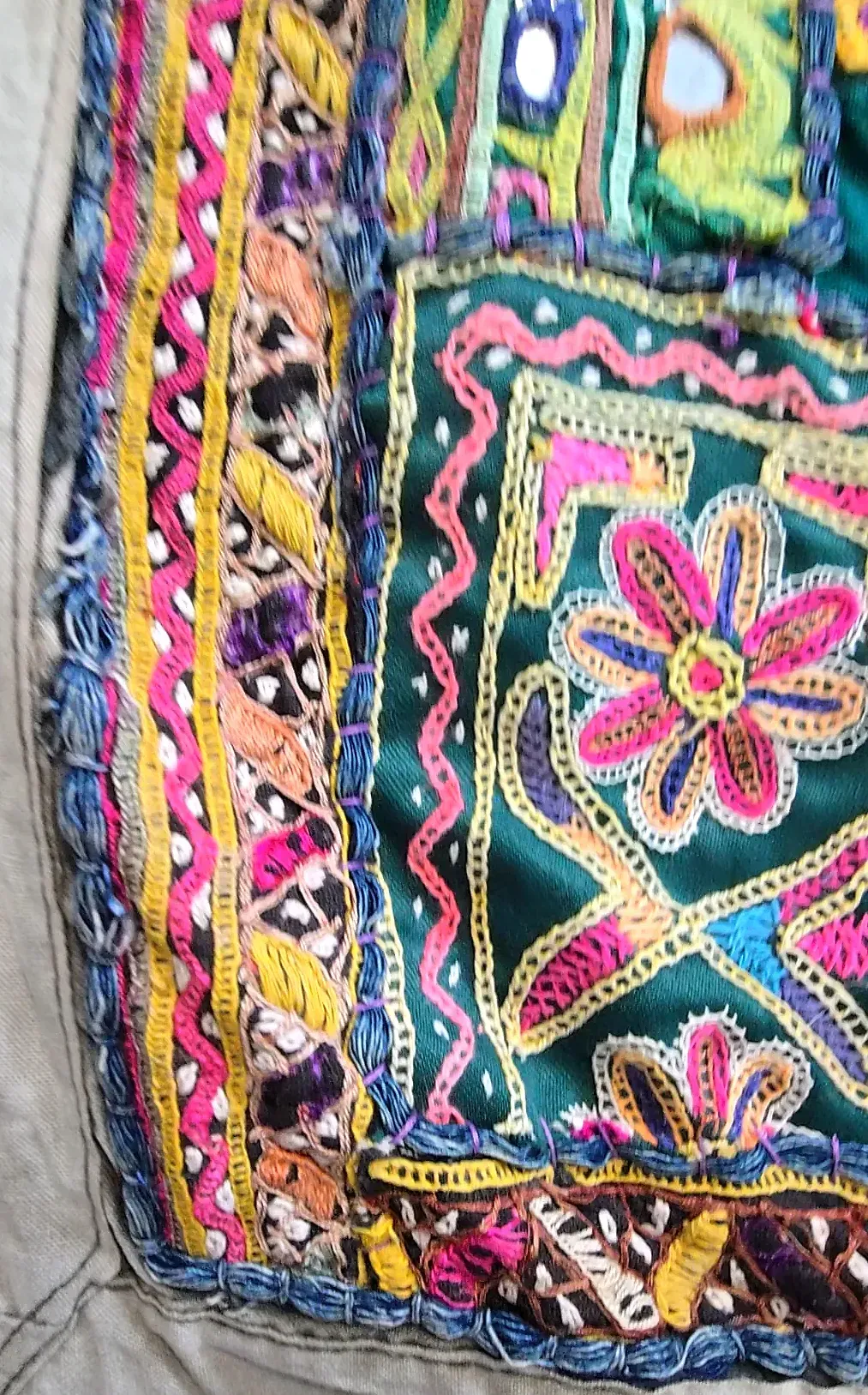 Vintage Indian Embroidered Patchwork Wall Hanging Shisha Mirror Work Textile — side view