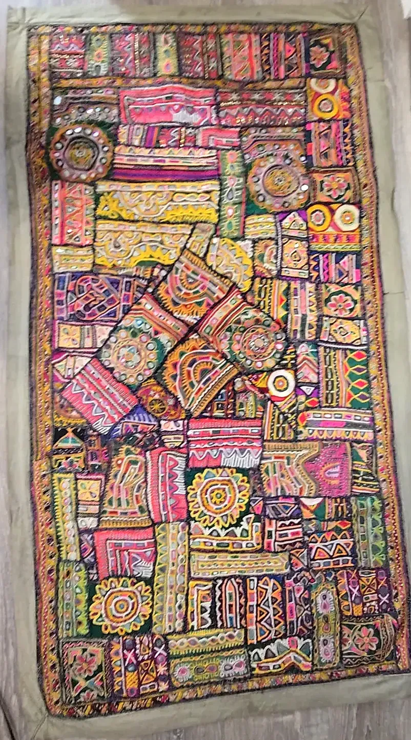 Vintage Indian Embroidered Patchwork Wall Hanging Shisha Mirror Work Textile
