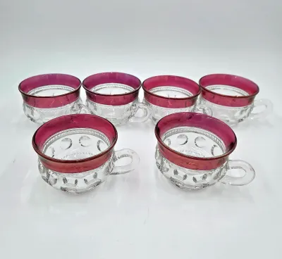 Set of 6 Vintage Cranberry Ruby Flash Glass Cups Mugs Tea Coffee Thumbprint Barware