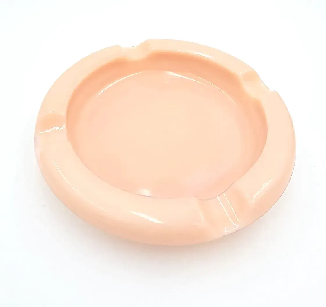 VTG Pink Milk Glass Ashtray Roseite Slot Mid Century Modern Round — side view
