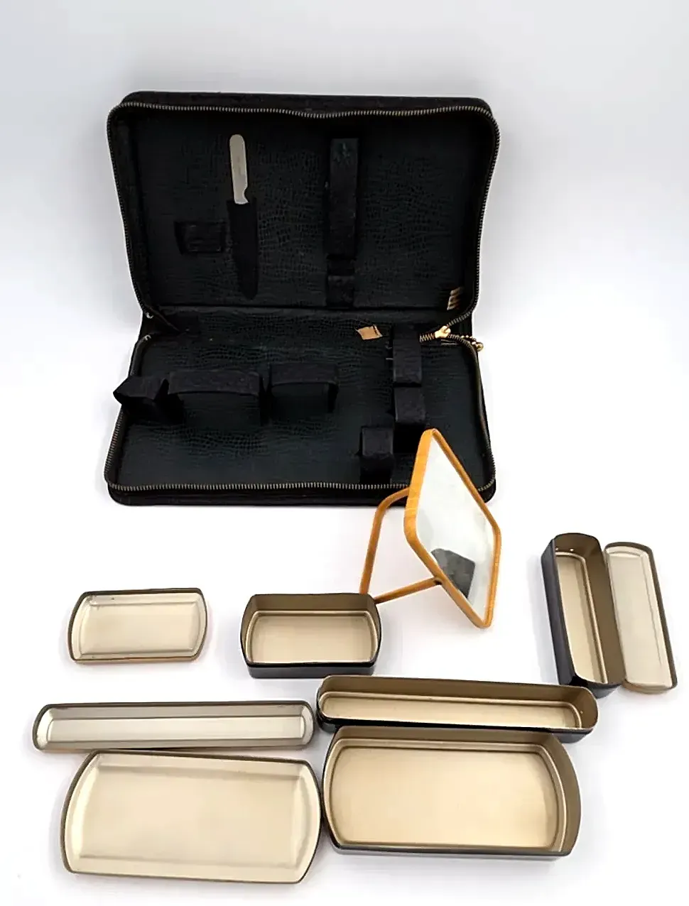 Vtg Men's Leather Travel Grooming Kit Black Cowhide Gold Brass Canisters Mirror — detail